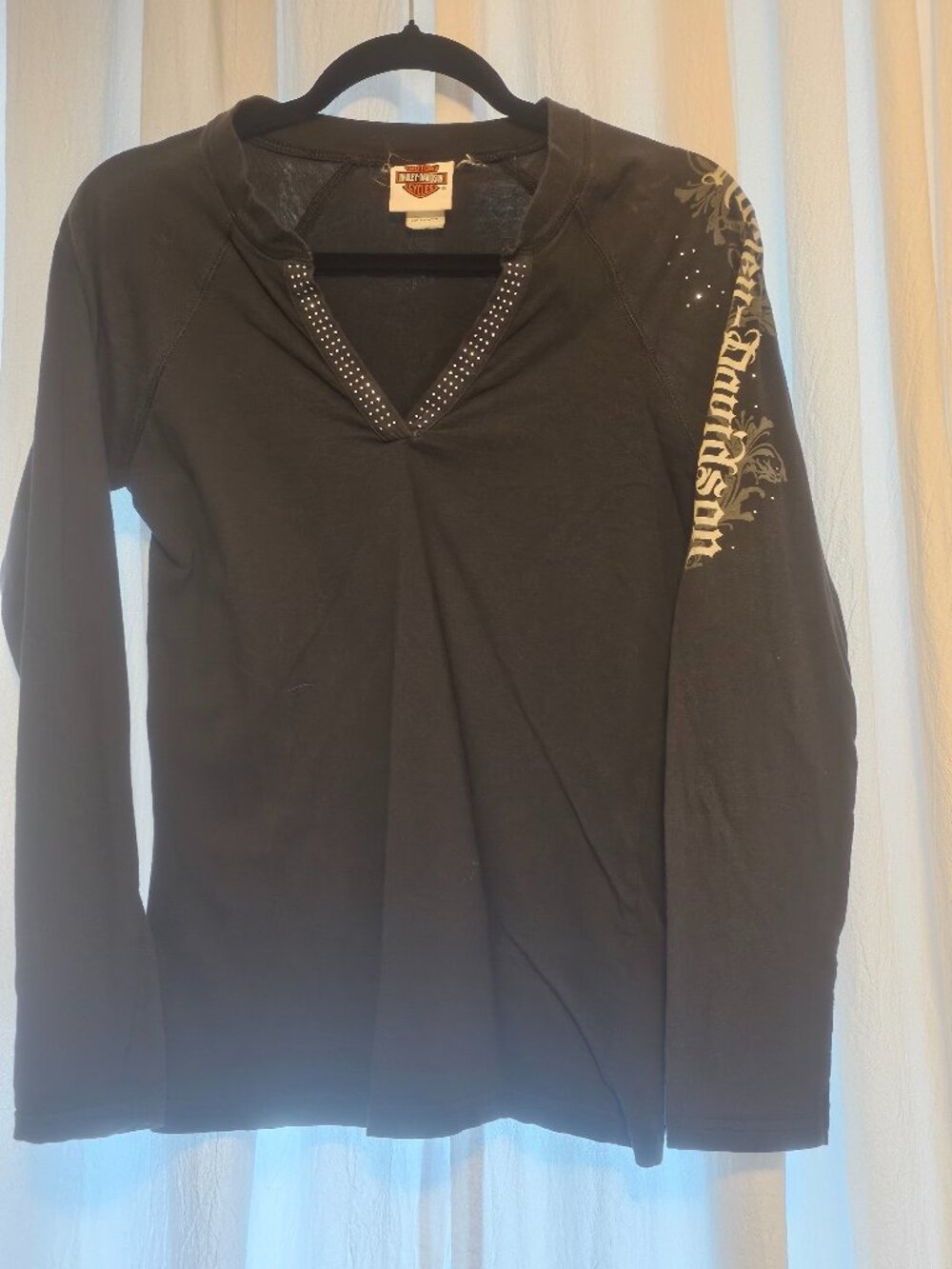 Harley Davidson Women’s S Charcoal Rhinestone V Neck Long Sleeve Shirt